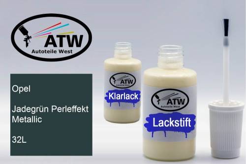 Opel, Jadegrün Perleffekt Metallic, 32L: 20ml Lackstift + 20ml Klarlack - Set, von ATW Autoteile West.